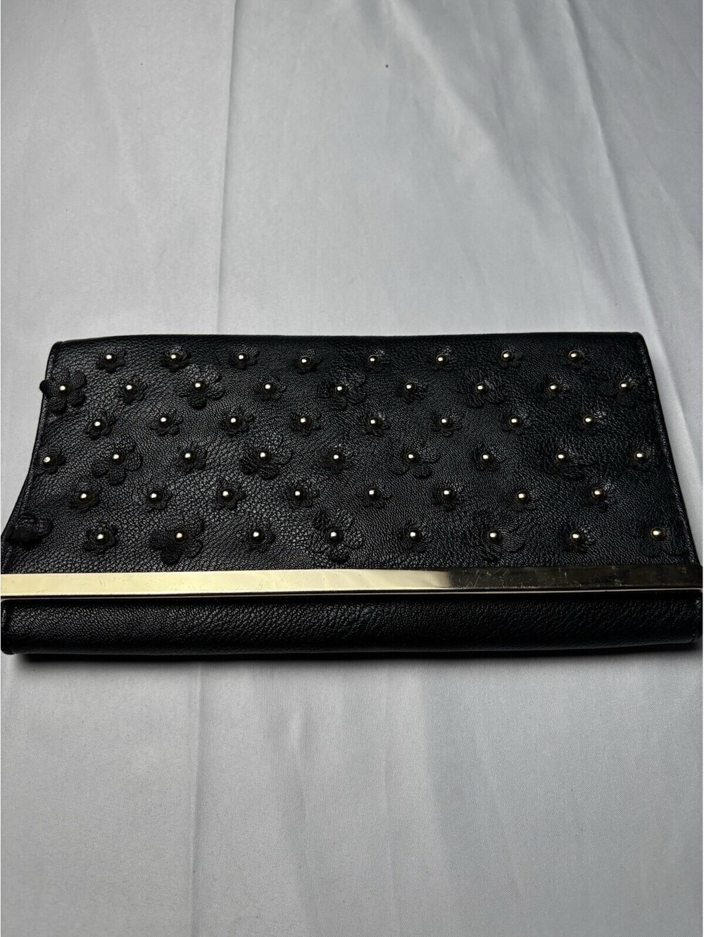 Black Leather Floral Studded Clutch Purse with Gold Accent